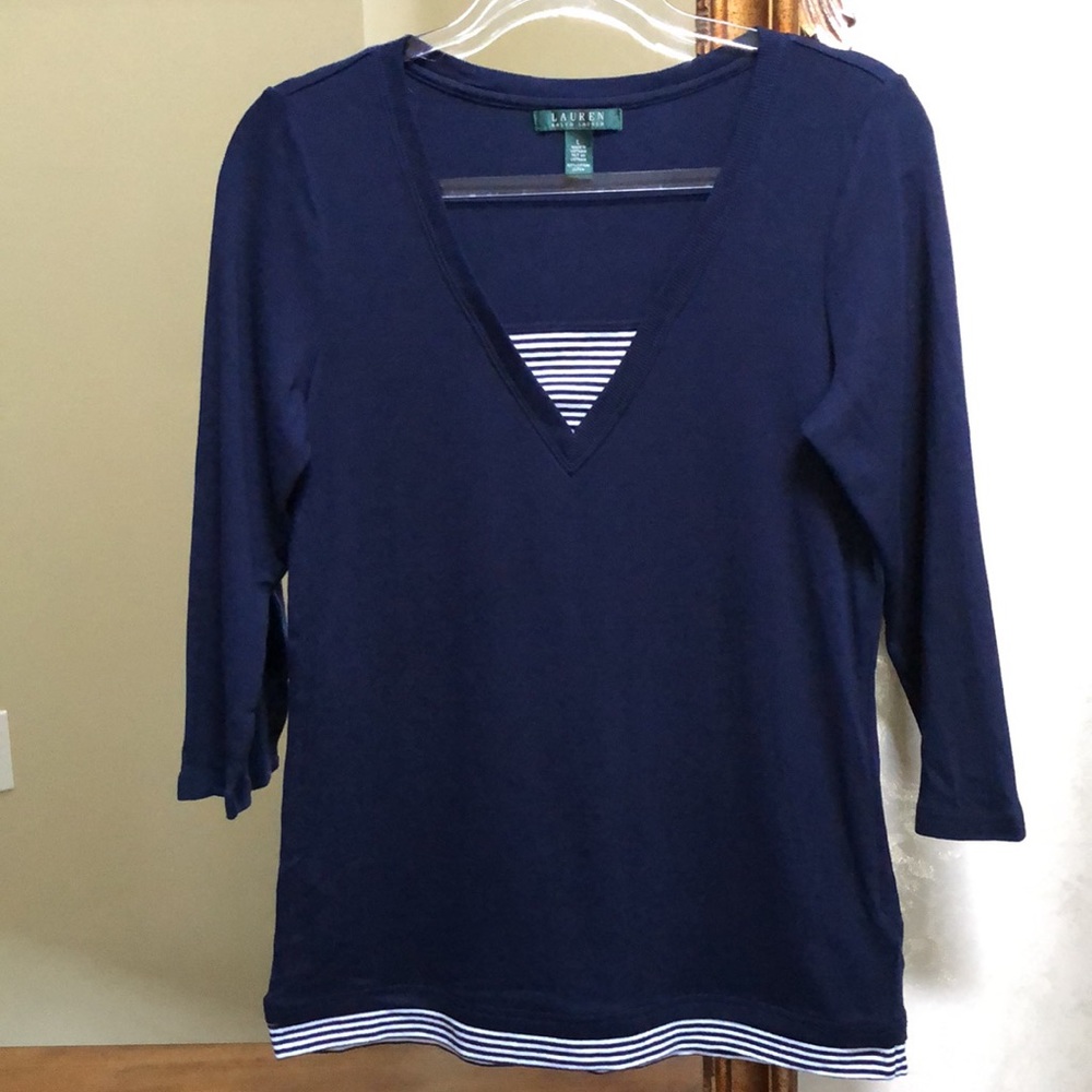 Women’s Ralph Lauren top.  Size L.  Navy with striped bottom edge and inset V.